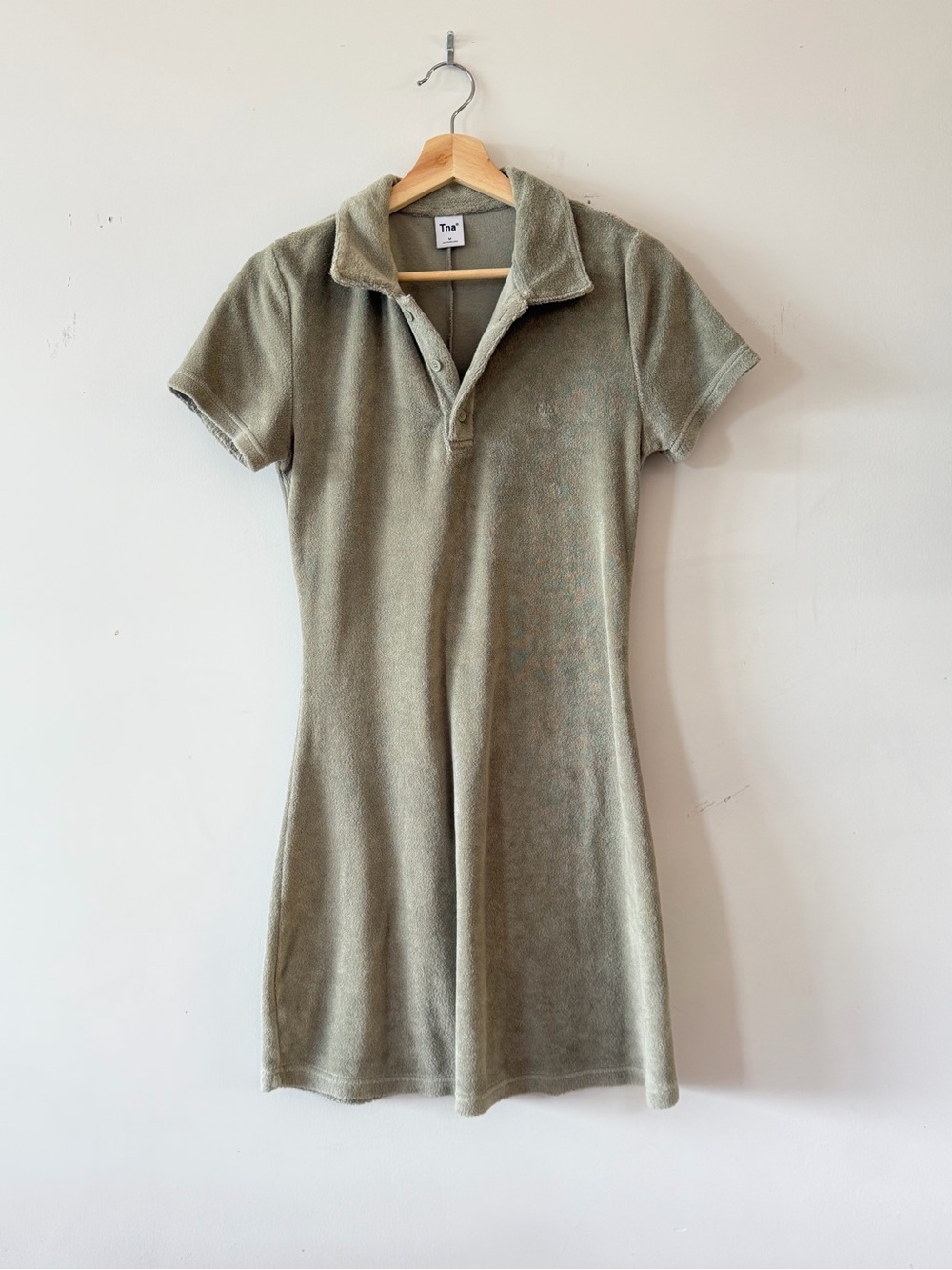 TNA Plush cotton terry Polo Dress in light Olive Sage